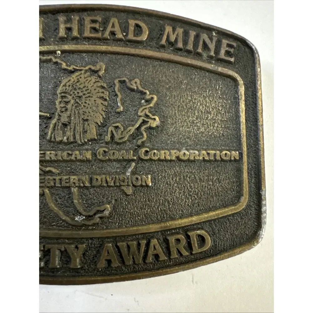 Vtg Indian Head Mine Brass Belt Buckle North American Coal Corp Safety Award 70s